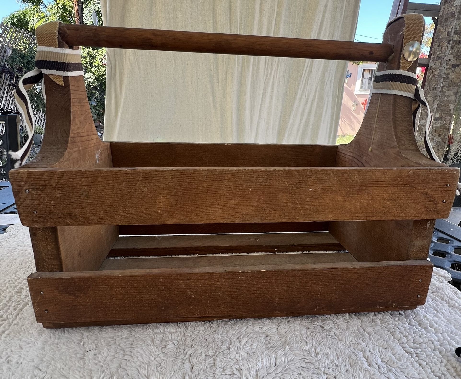 VTG Rustic Wooden Basket With Spindle Handle Farmhouse Bottle Caddy12x7x9.5”ht