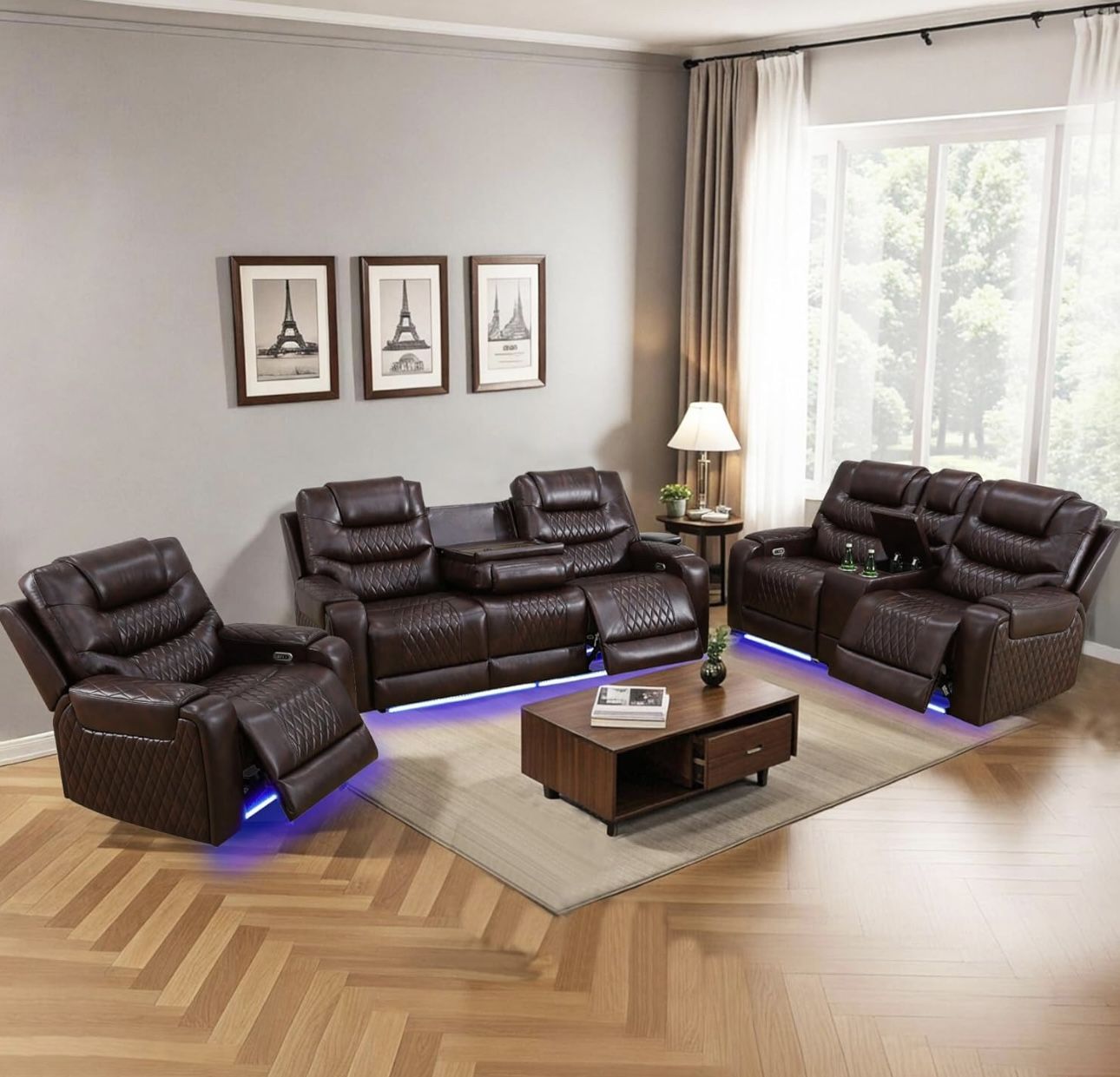 Power Electric Brown Leather Fully Reclining Couch Set