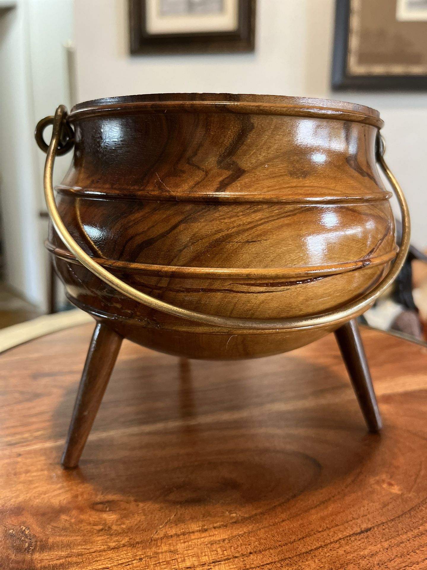 Gorgeous Wood Kettle Shaped Bowl With Brass Handle- 5" Wide With Three Spindle Legs