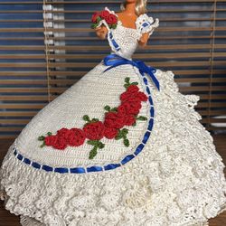Miss July 1992 Barbie doll 12” tall 12” diameter of dress with hand crochet dress white ruffles accent with red roses cascadin