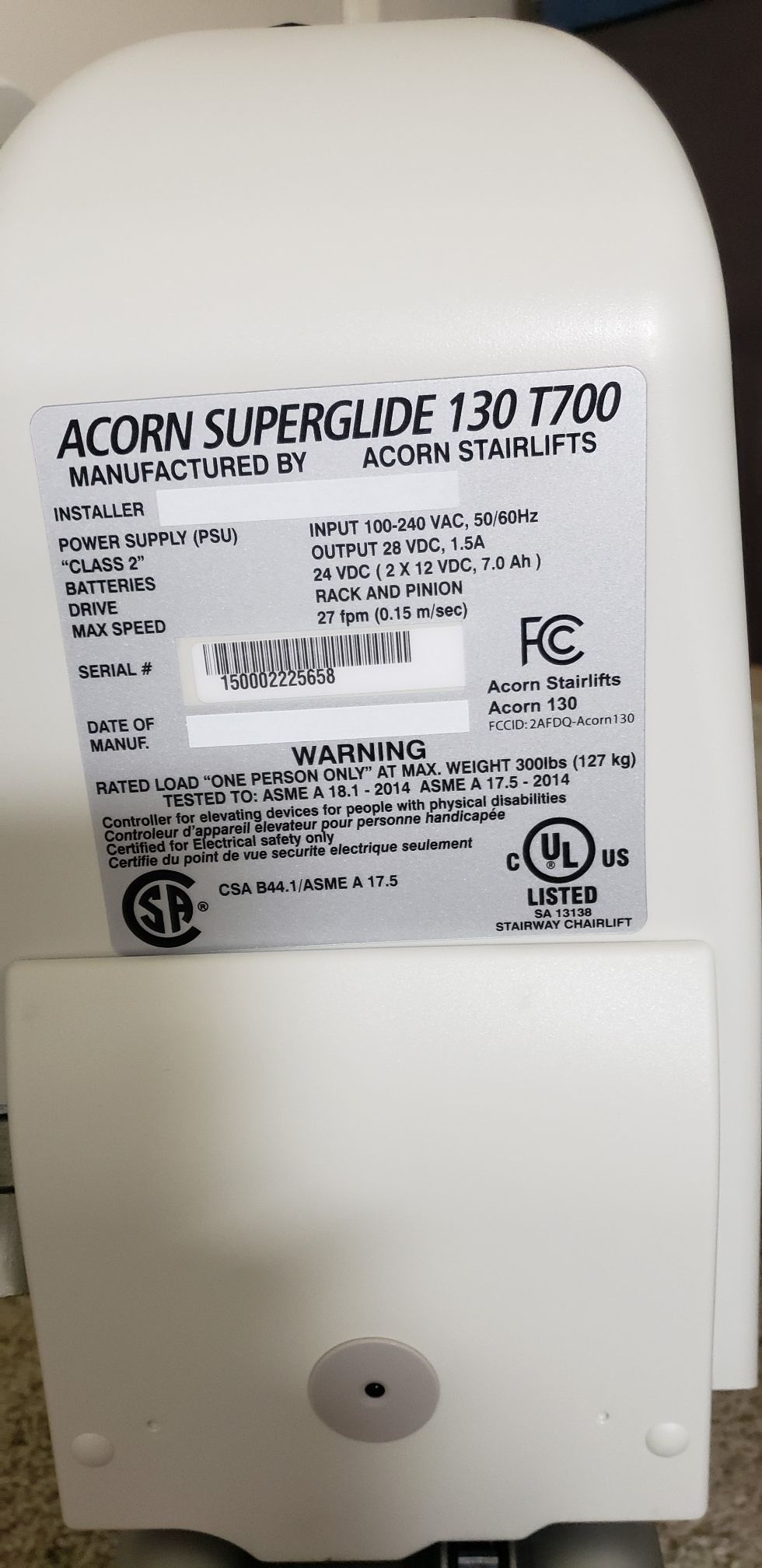 Acorn Superglide 130 T700 Straight Stairlift Chair with hinge option
