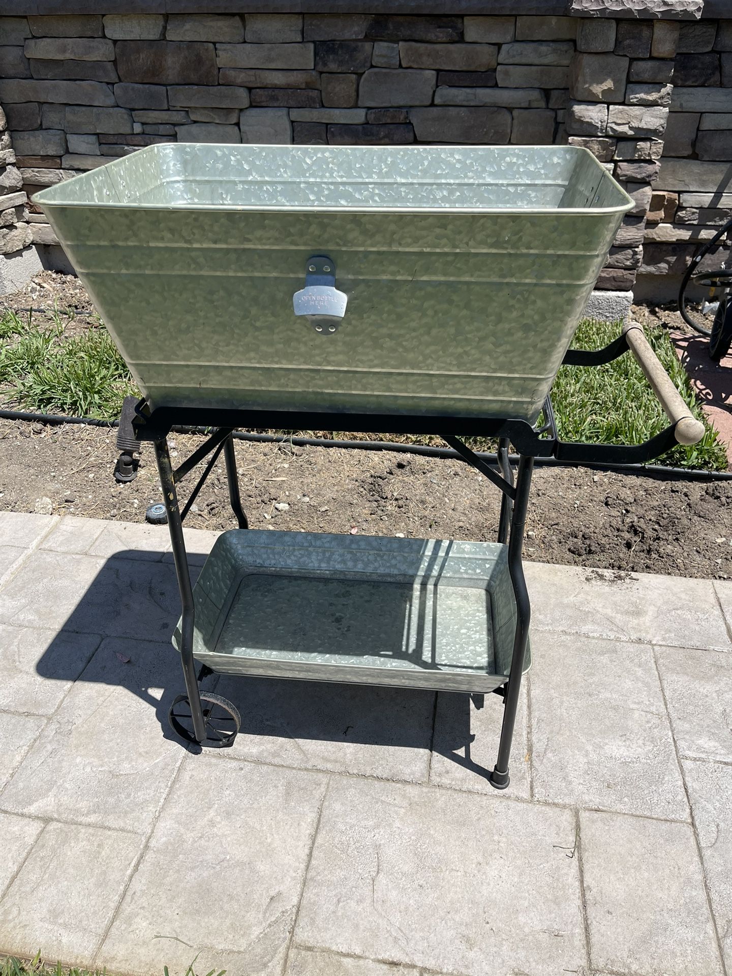 Galvanized Metal Rolling Beverage Cart Cooler W/ Bottle Opener, Paper Towel Holder