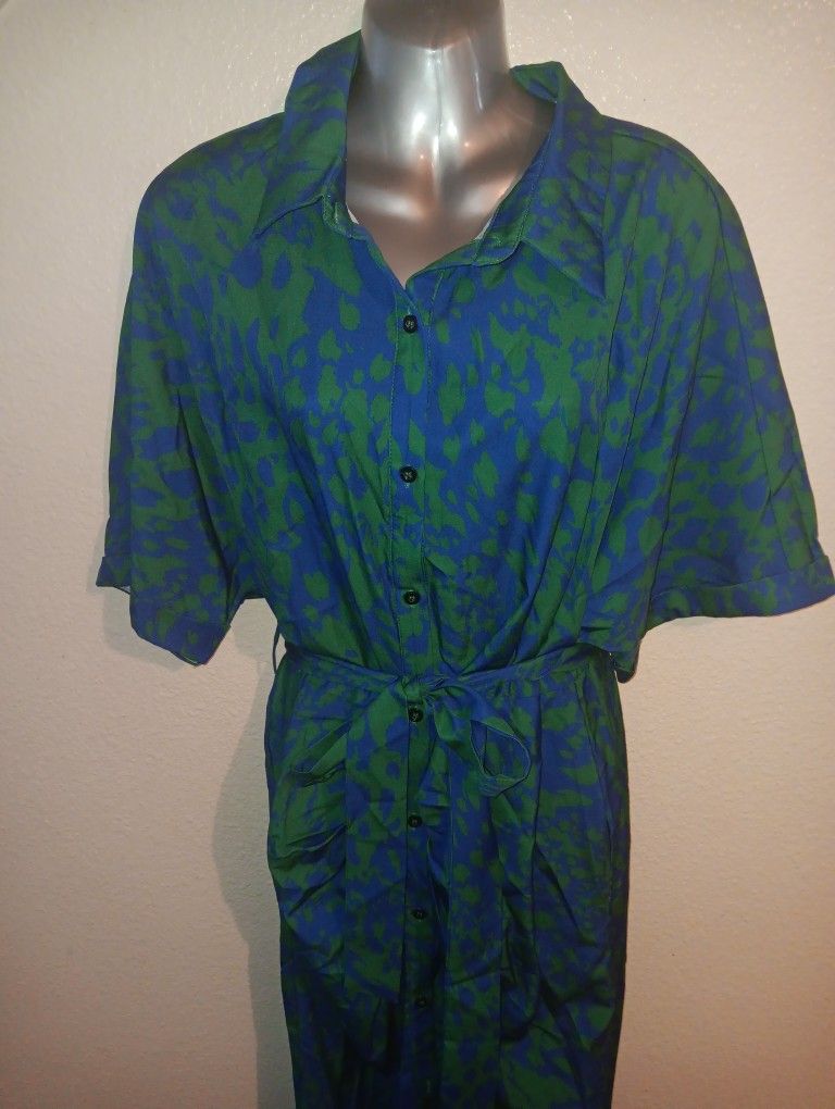 Blue and Green Peacock Print Dress