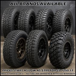 FINANCING AVAILABLE  BRAND NEW 33 1250 17 TIRE TIRES AT RT XT MT ALL TERRAINS MUD TIRES ON SPECIAL FOR $799 AND UP FOR A SET OF 4 WHILE SUPPLIES LAST