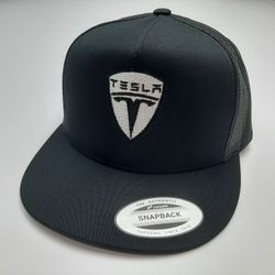 Tesla Flat Bill Trucker Mesh Snapback Cap Hat Black Yupoong 
