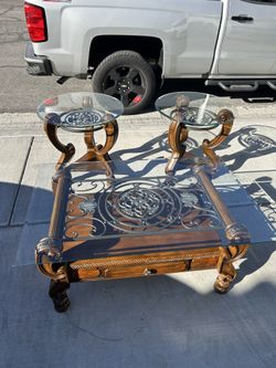 Elegant Wood & Metal Coffee Table Set with Beveled Glass Tops (3-Piece) 