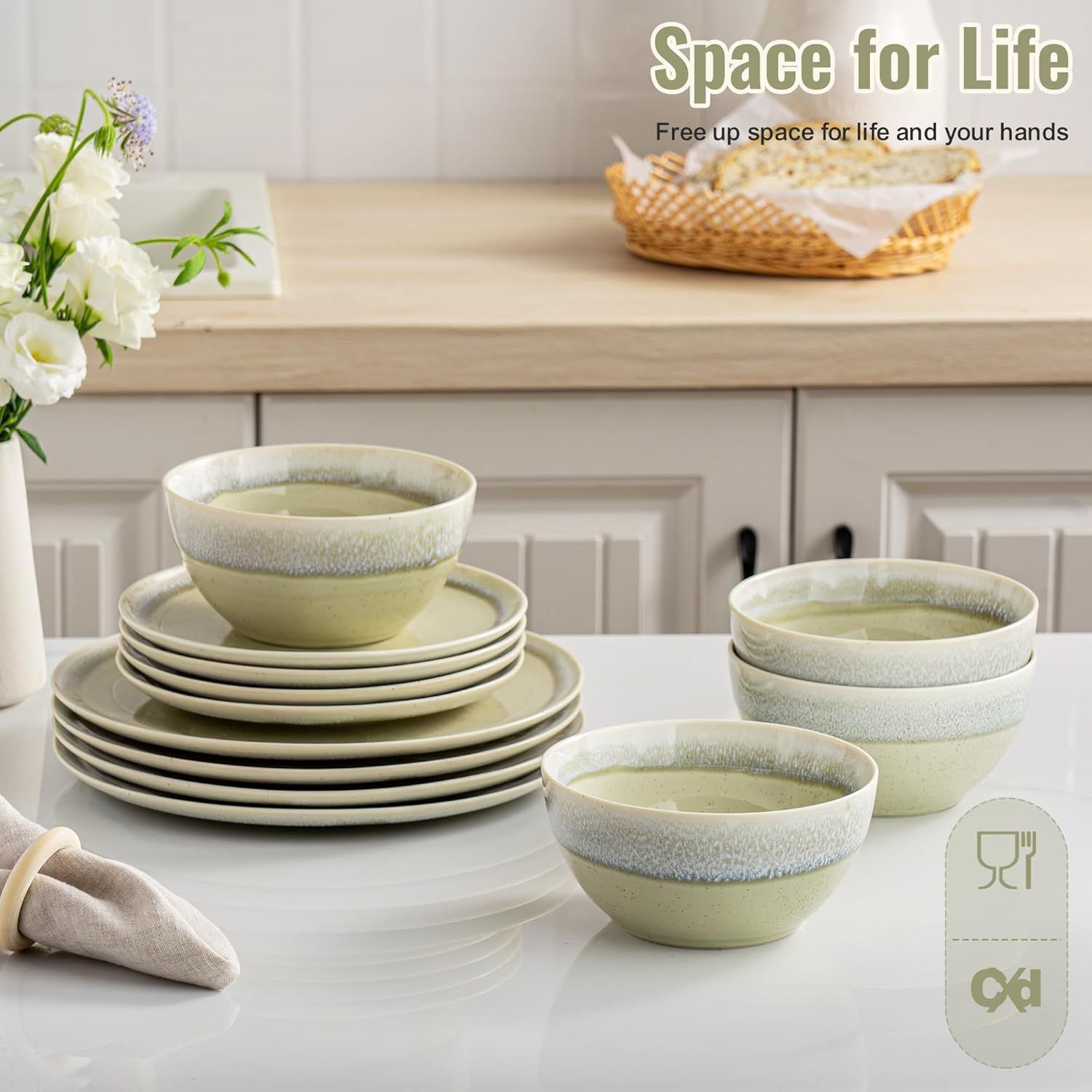 Plates and Bowls Sets, 12 Pieces Grass Green Dinnerware Sets for