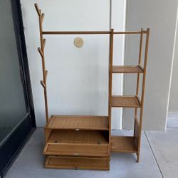 New In Box 41x12x63 Inch Tall Bamboo Garment Coat Hanging Shelf Stand Clothing Rack With Cabinet Doors 