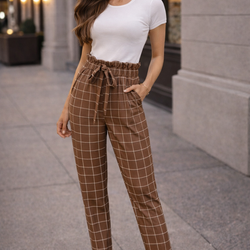 Brown Plaid High-Waist Paperbag Trousers | Chic Work / Casual Pants
