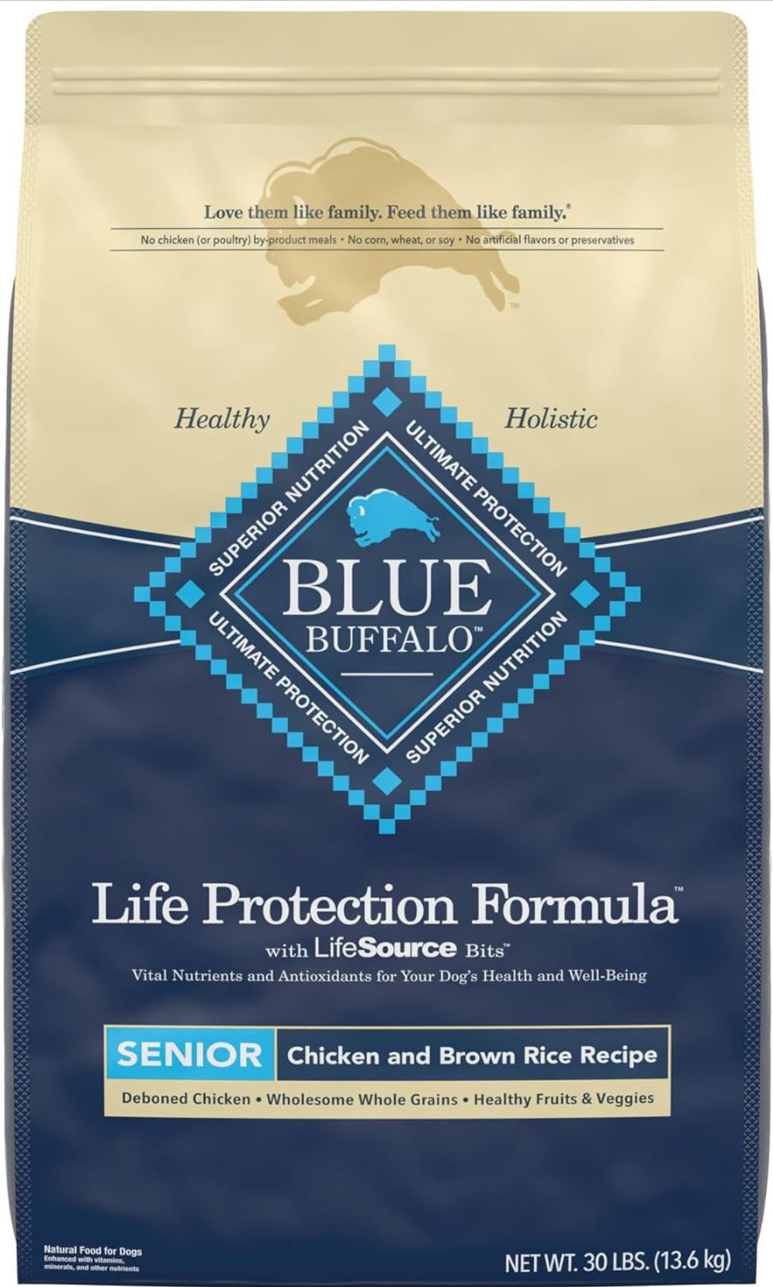 Blue Buffalo Dog Food for Senior Dogs, Life Protection Formula, Natural Chicken & Brown 30lb
