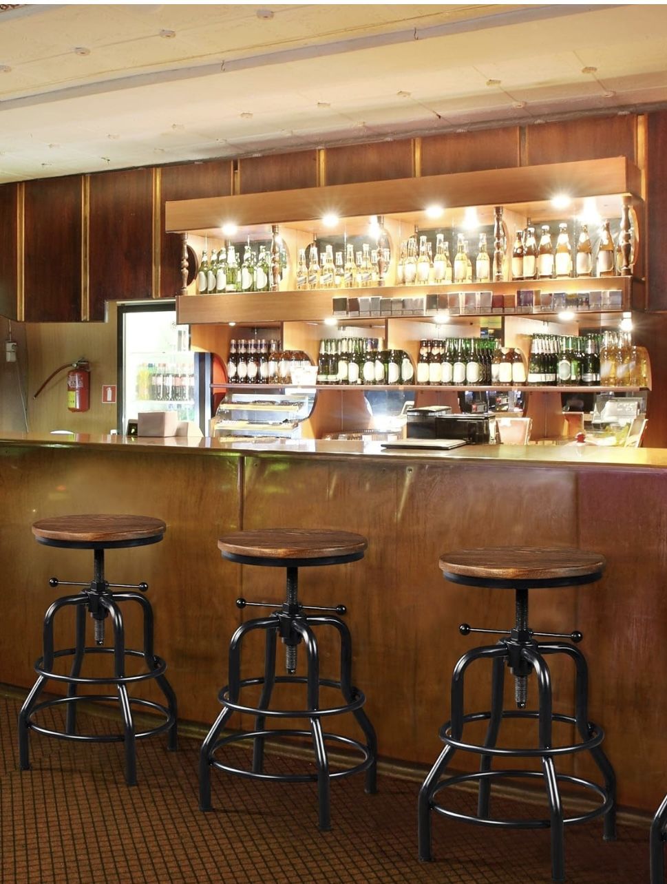 Counter Height Adjustable Bar Stools Industrial Vintage Metal Rustic Bar Stool with Round Wood Seat Kitchen/Dining/Cafe Chair 20-27 Inch Tall, Brown,