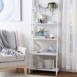 Brand New 5-Tier Ladder Bookshelf Organizer with Solid Rubber Wood Frame, White