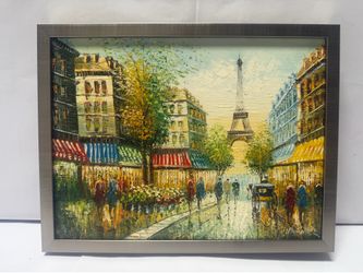 Hand-drawn Paris Street Scene Oil Painting 17” x 14”