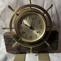 Seth Thomas Helmsman Brass Nautical Ships Wheel Shelf Clock.
