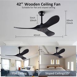 42 inch Ceiling Fan without Light, Wood Ceiling Fan with Remote Control, DC