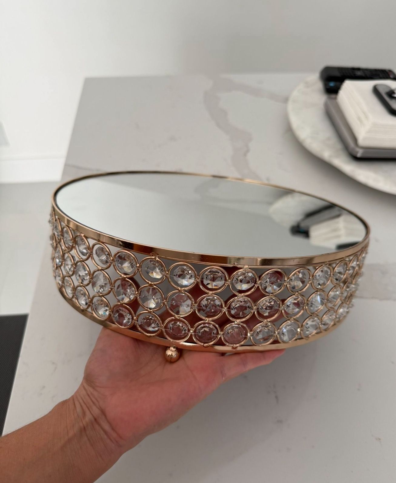 New Elegant Cake Stand, Crystal Mirror Dessert Display with Rose Gold Frame for Wedding, Birthday, Party Table, Cupcake. 12” D X 3.5” H Was $60
