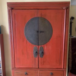 19th century Red Lacquer  Antique  Chinese Wedding Cabinet