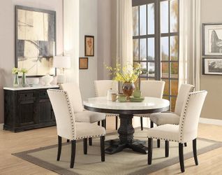 7PC Round White Genuine Marble Top Weathered Black Finish Wood Dining Table Set