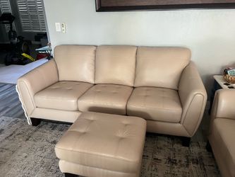 Real Leather Sofa + Ottoman – Neutral Beige – Great Condition