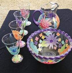Hand Painted & Signed 6-Piece Glass Floral Serving Set