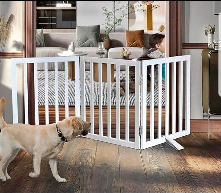 reestanding Indoor Dog Gate for House Foldable Wood White, 3 panels 24" height