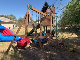 Wooden Swing Set Playset with Slide and Tower