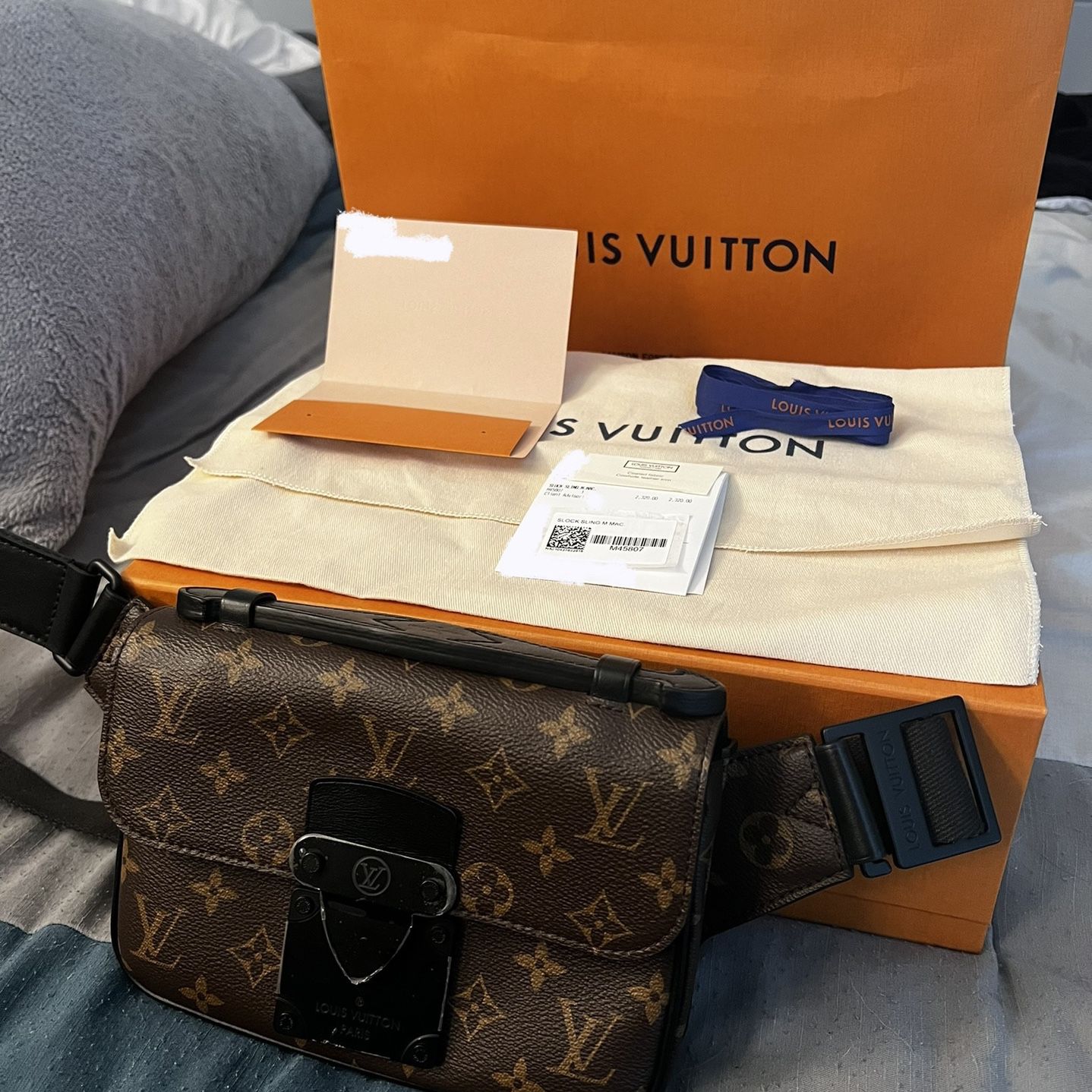 Louis Vuitton Mens S Lock Sling Bag Monogram Canvas Brown Leather