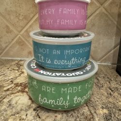 New Ceramic Food Storage Serving Bowl Containers With Lids Has Family Quotes Serve And Store NESTING bowls Still have labels on them, never used, woul