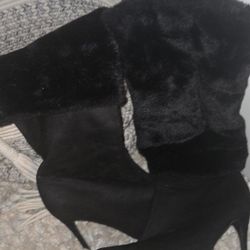 Black High Heel Boots With Fur Trim