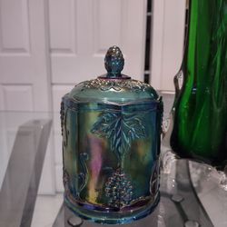 Vintage Indiana Carnival Glass Canister Jar Grapes Green Purple 