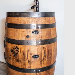 Rustic Whiskey Barrel Sink – Handcrafted Vanity with Faucet