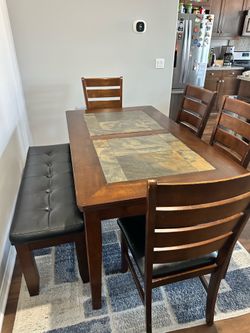 Dining Table Set w/ Slate Tile Inlay - Table, Bench, & 4 Chairs