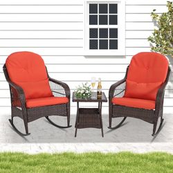 New in box LVUYOYO 3PCS Outdoor Wicker Rocking Chair Bistro Set, Patio Rattan Rocker Chairs with Cushions and Table, All- Weather Wicker Furniture for