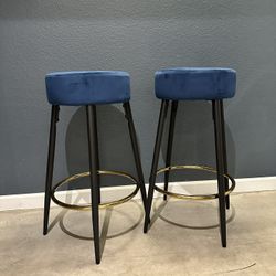 Fefances Dark Blue Bar Stools Set of 2 Modern Round Velvet Bar Stools Counter Height Bar Stool Kitchen Breakfast Round Dining Chair 27.5 inch Height