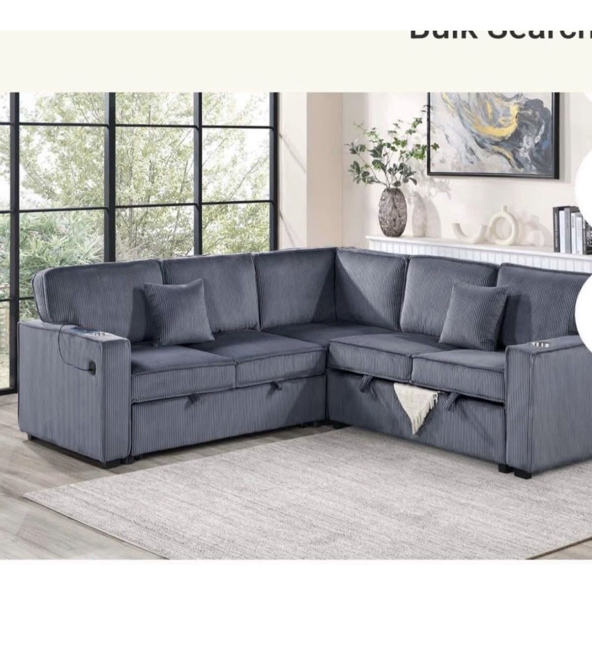 $550. Sectional Pull Out Bed With Storage USB Cup Holder Available,I Ivory,Dark Gray,Corduroy