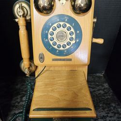 Vintage 1920's Reproduction Phone . Limited Edition OAK  SATIN Storage Container and Hooks 18.6" 