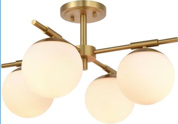 New 21in 4-Light Semi Flush Mount Ceiling Light Aged Brass Milk Glass Globe Dimmable