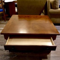 40” Square Solid Wood Coffee Table with Drawer. Excellent Condition.