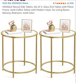 Round Side Tables, Set of 2, Glass End Tables with Metal Frame, Gold Coffee Tables with Modern Style, for Living Room, Balcony, Bedroom, Gold Color lg