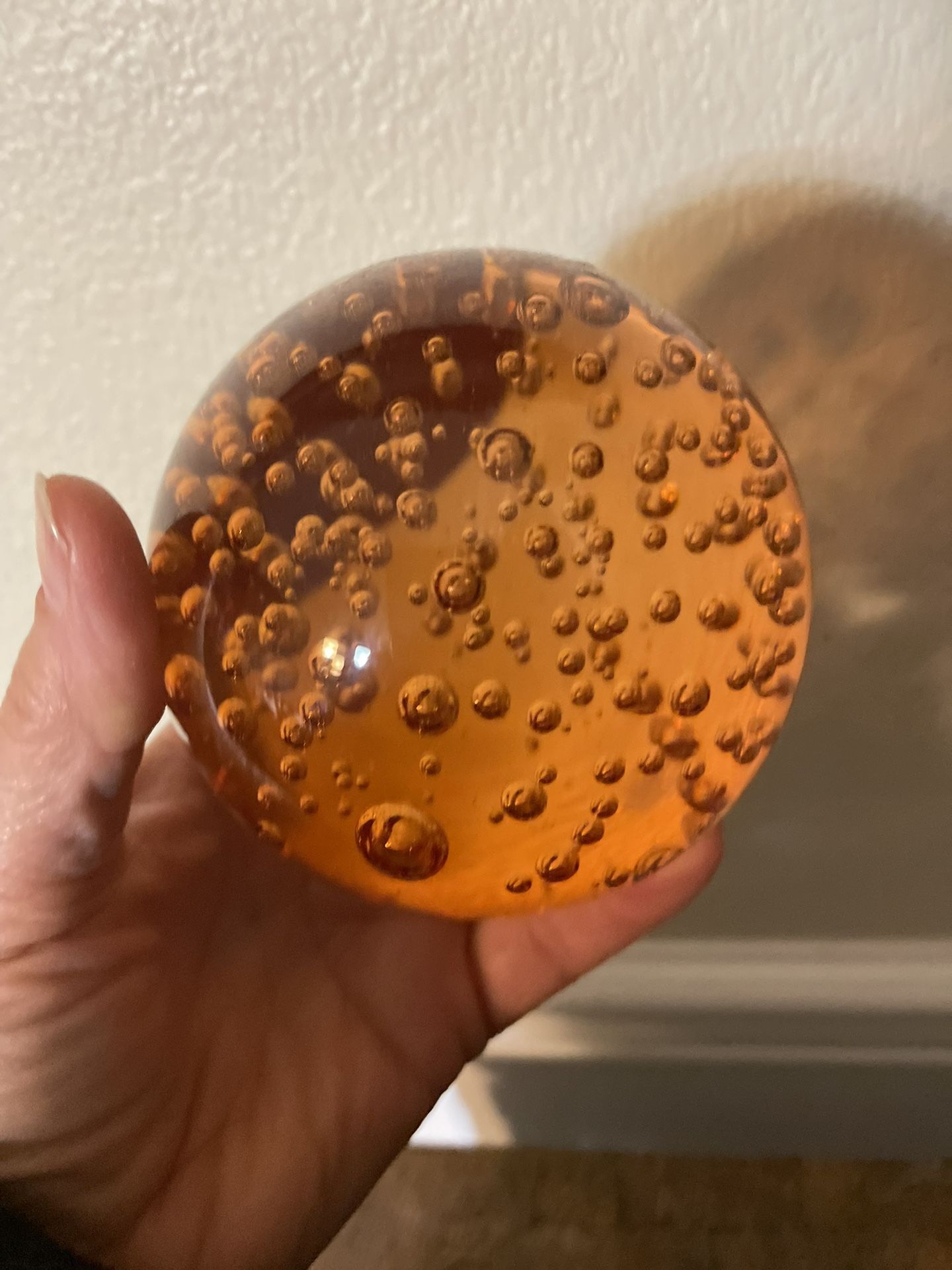 Vintage Art Glass Paperweight Bullicante Amber Citrine Round Topaz 3.5”