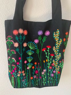 Handmade-Embroidered Tote Bag, Custom Flower Design, Black