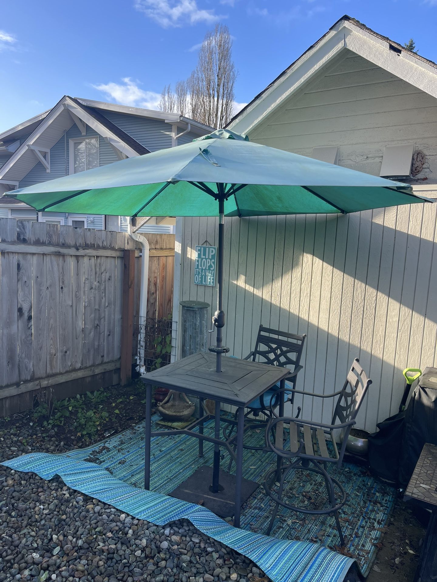 Four Person Cafe Table, Chairs And Umbrella