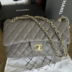 Chanel Bag Medium Double Flap Bag Gray Leather with Gold Hardware