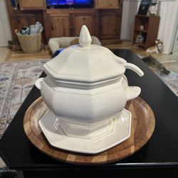 White Ceramic Soup Tureen: Octagon Shape, Classic Style, Japan, 12"