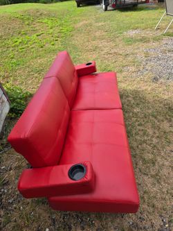 Red Faux Leather Futon Sofa with Cup Holders