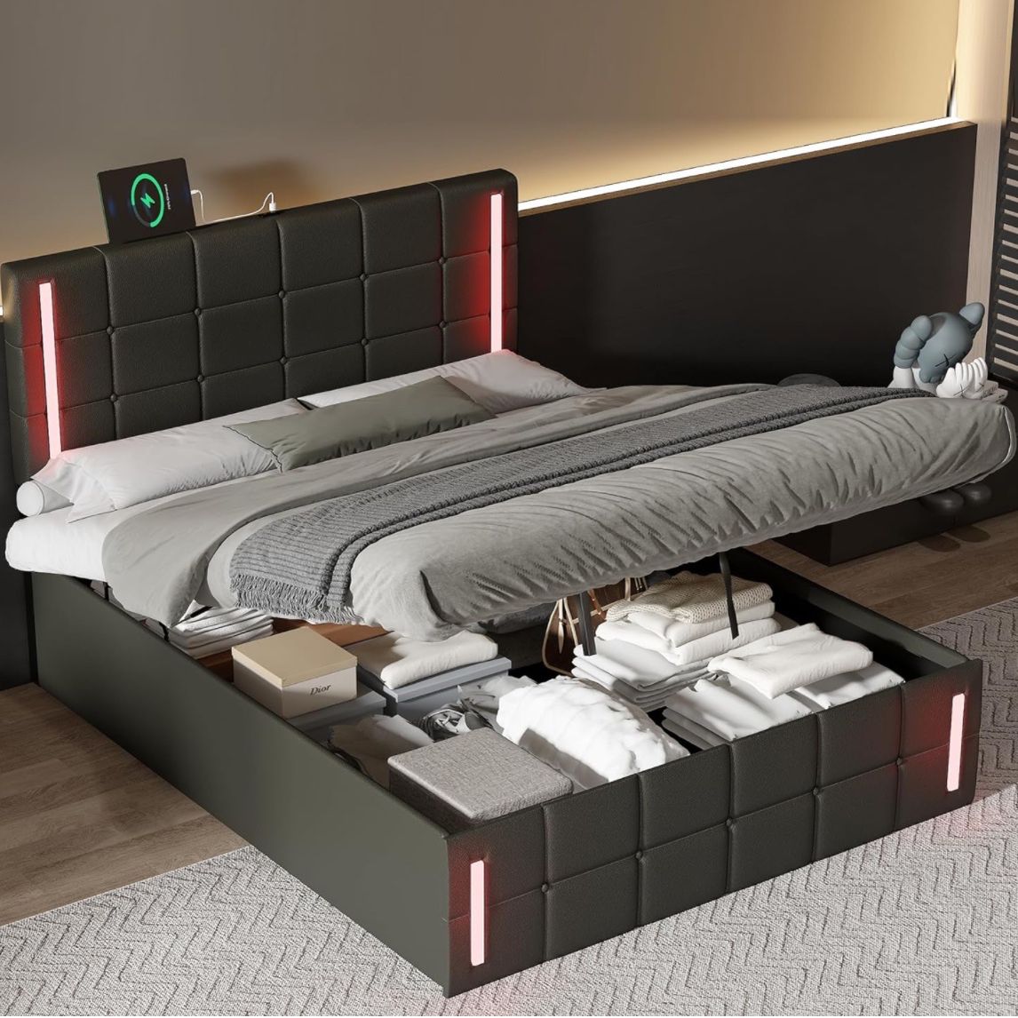 Dark Gray Upholstered Full Sized Platform Bed w/  LED  Lights (Remote) & Hydraulic Lift Storage [NEW IN BOX] **Retails for $450 <Assembly Required> 