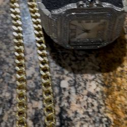 Gold Cuban Link Chain & Vvs Moissanite  Numerals Watch
