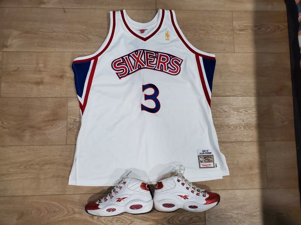 Authentic Mitchell & Ness Allen Iverson Gold Edition Rookie Year Jersey Sz XXXL And Reebok AI Questions Sz 11