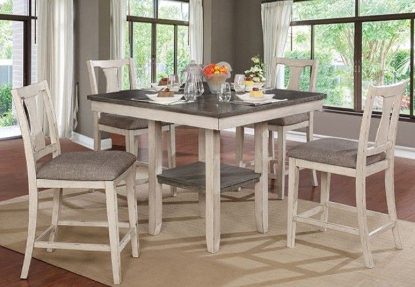 Brand New Antique White & Grey 5pc Counter Height Dining Table Set
