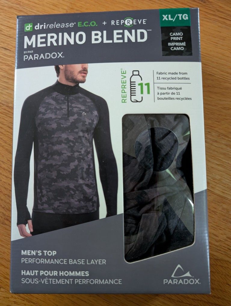 NWT Paradox Men's XL Performance Base Layer Merino Blend
